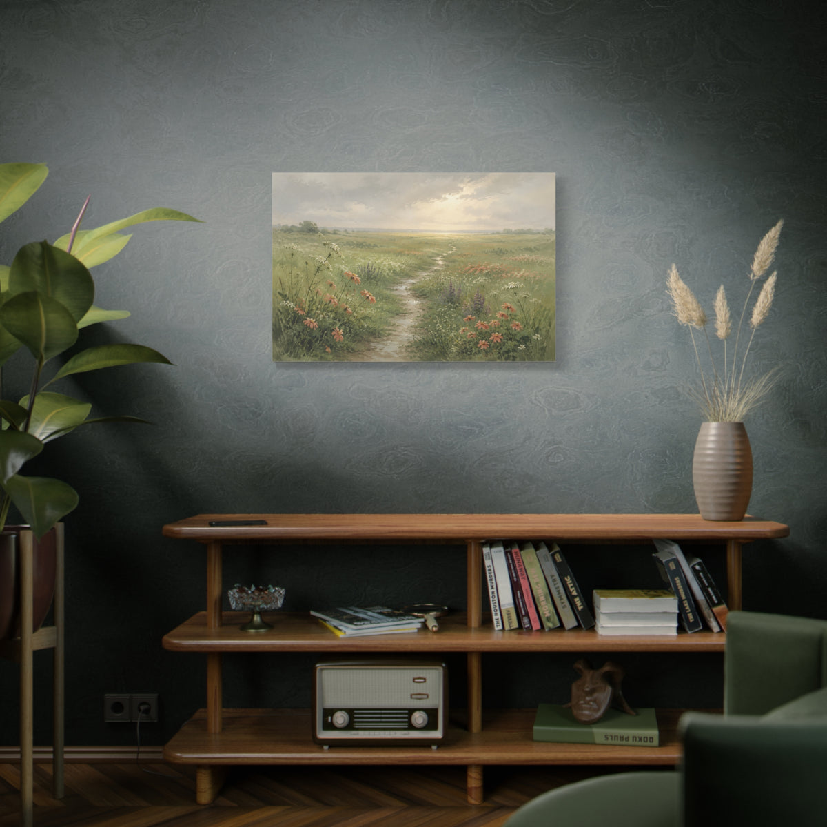 After the Rain canvas print — A curved path moves through a fresh meadow after summer rain, with wildflowers and warm light in the distance.