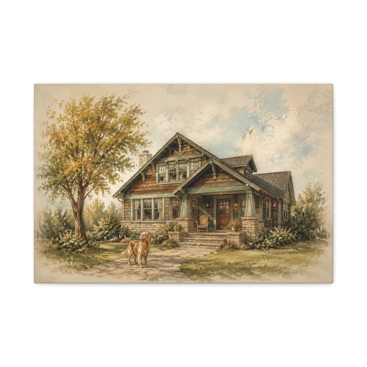 The House That Knows Us canvas print — A familiar house, a quiet garden, and a dog waiting by the path.