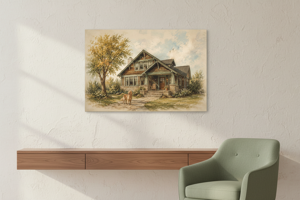 The House That Knows Us unframed cottage canvas above a walnut console beside a sage chair — room styling mockup.