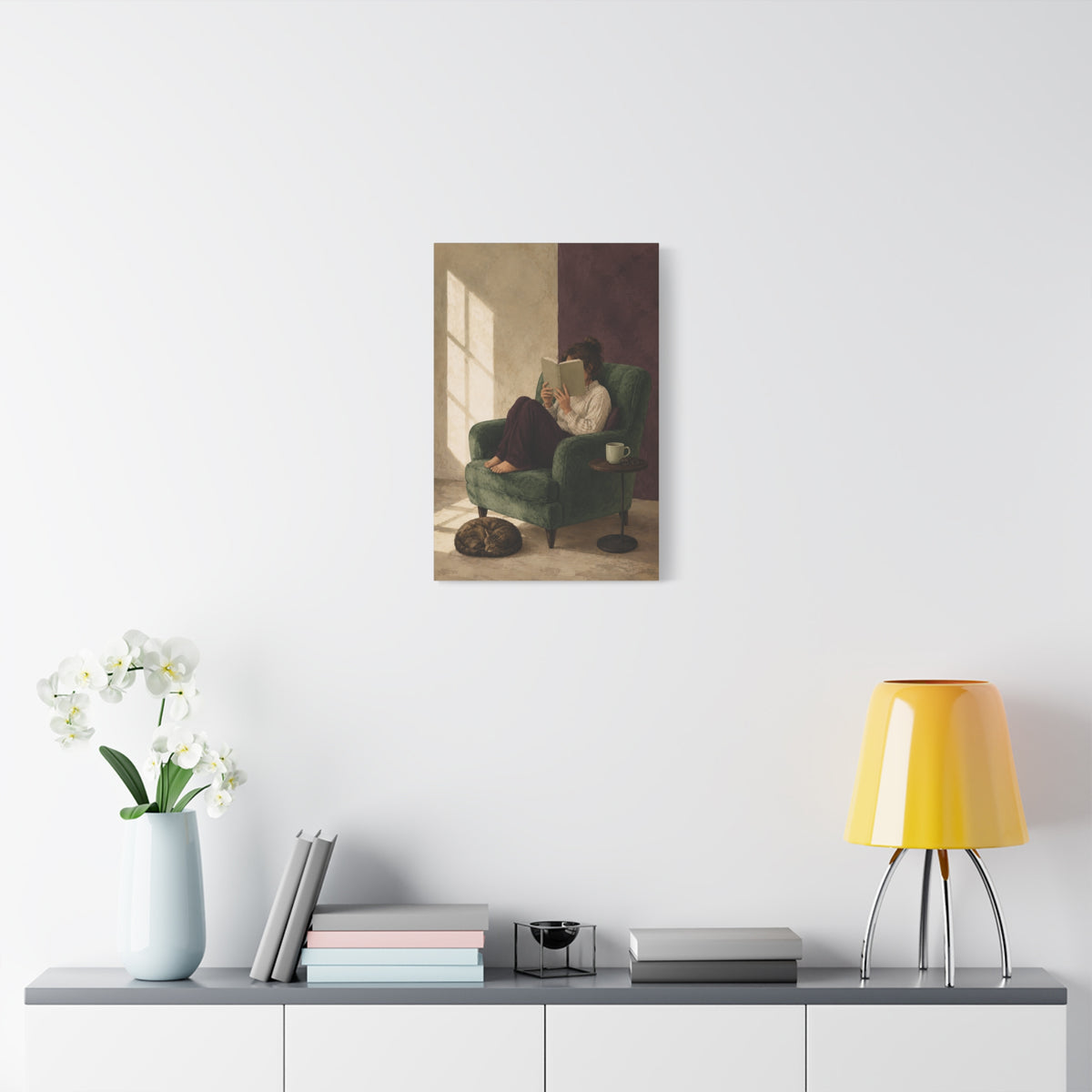 Sunday Chapter canvas print — A reader settles into a green armchair beside a sleeping cat and warm window light.