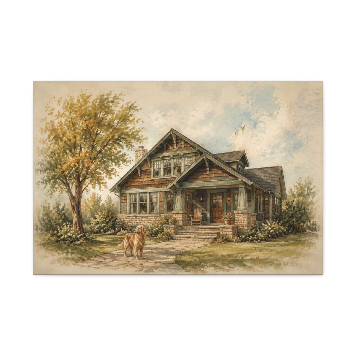 The House That Knows Us canvas print — A familiar house, a quiet garden, and a dog waiting by the path.