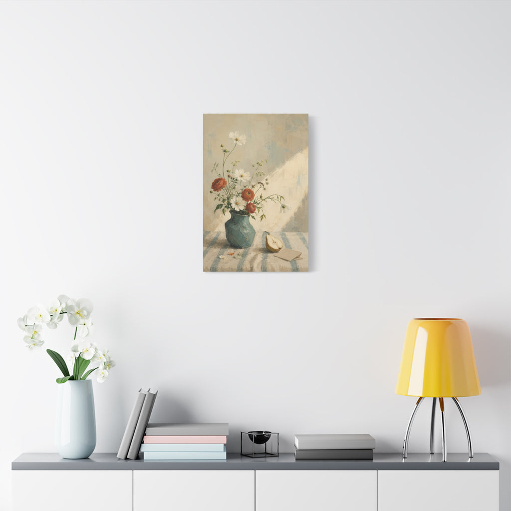 Blue Table Morning canvas print — Wildflowers rise from a blue-green vase beside a pear on a sunlit table.