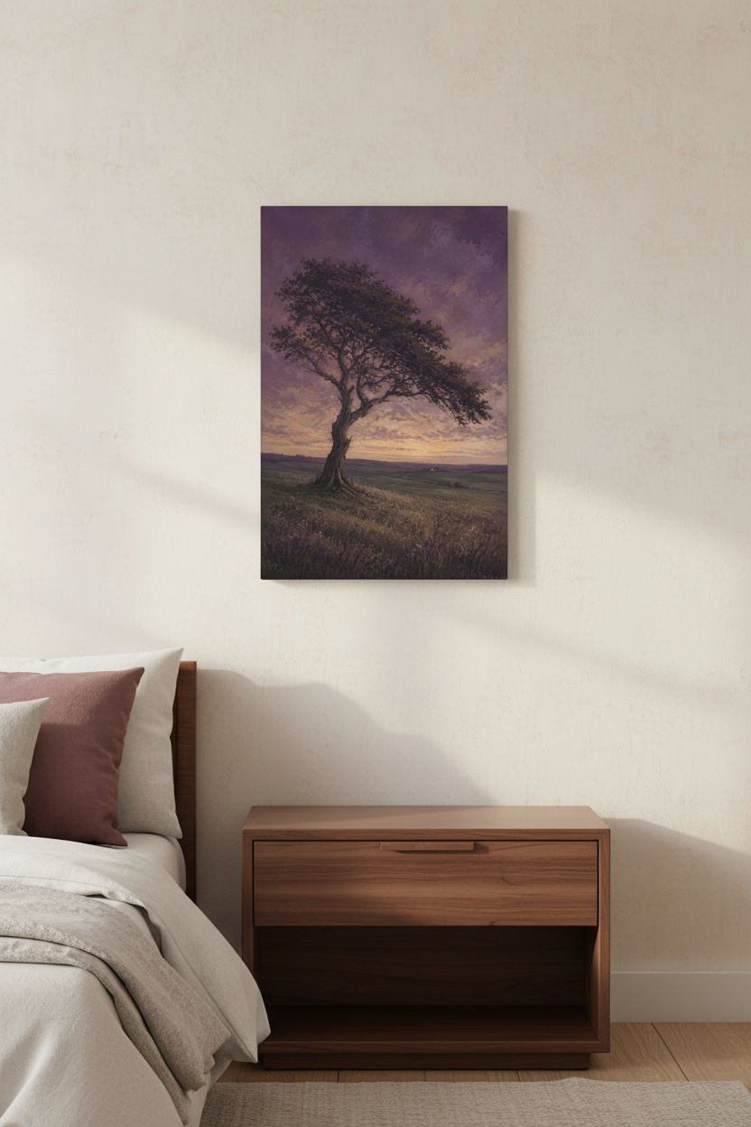 Held by Evening unframed vertical twilight tree canvas above a walnut bedside chest in a cream bedroom with burgundy accents — room styling mockup.