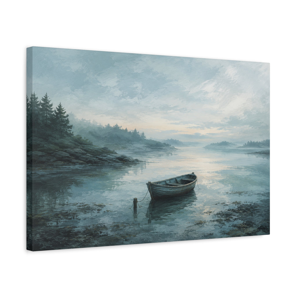 Still Water, First Light canvas print — A small wooden rowboat rests on misty blue water as the first light opens across the horizon.