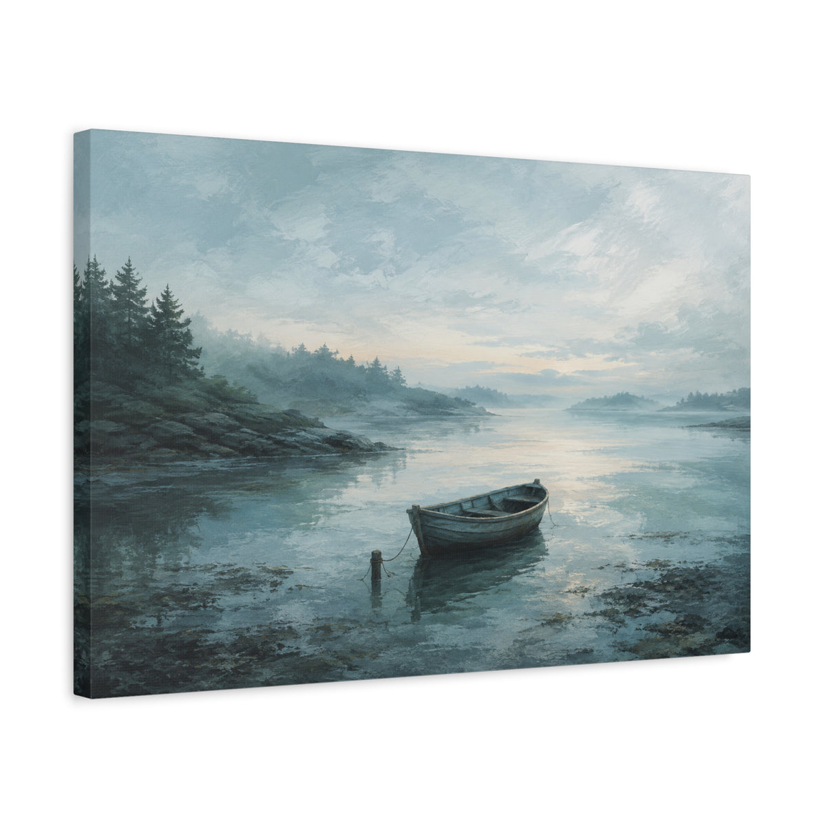 Still Water, First Light canvas print — A small wooden rowboat rests on misty blue water as the first light opens across the horizon.