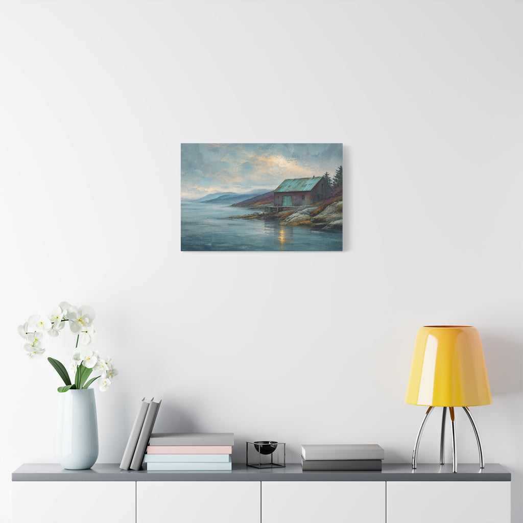 Blue Copper Coast canvas print — A weathered coastal boathouse with a patina-green roof sits beside a rocky shore.