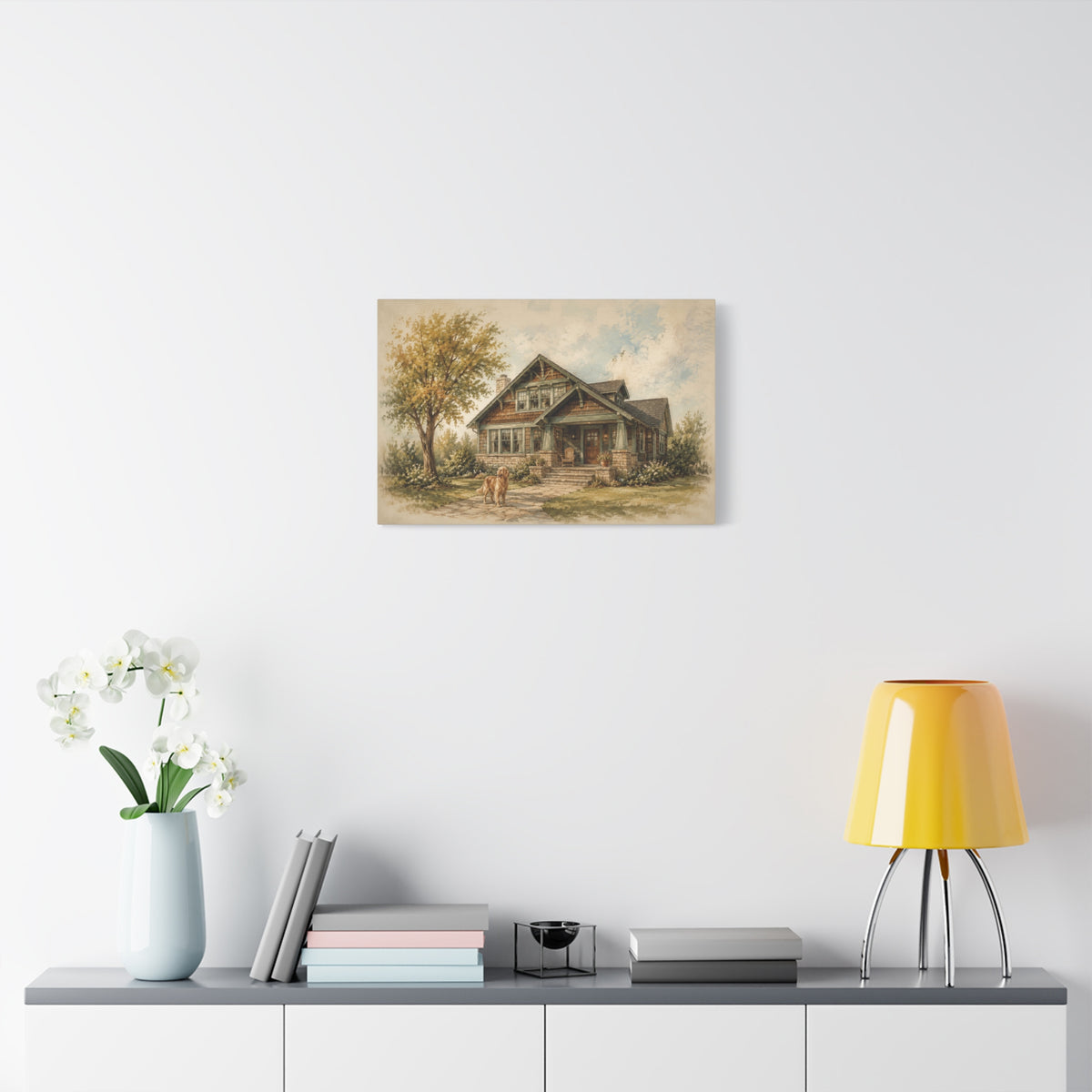 The House That Knows Us canvas print — A familiar house, a quiet garden, and a dog waiting by the path.