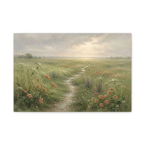 After the Rain canvas print — A curved path moves through a fresh meadow after summer rain, with wildflowers and warm light in the distance.
