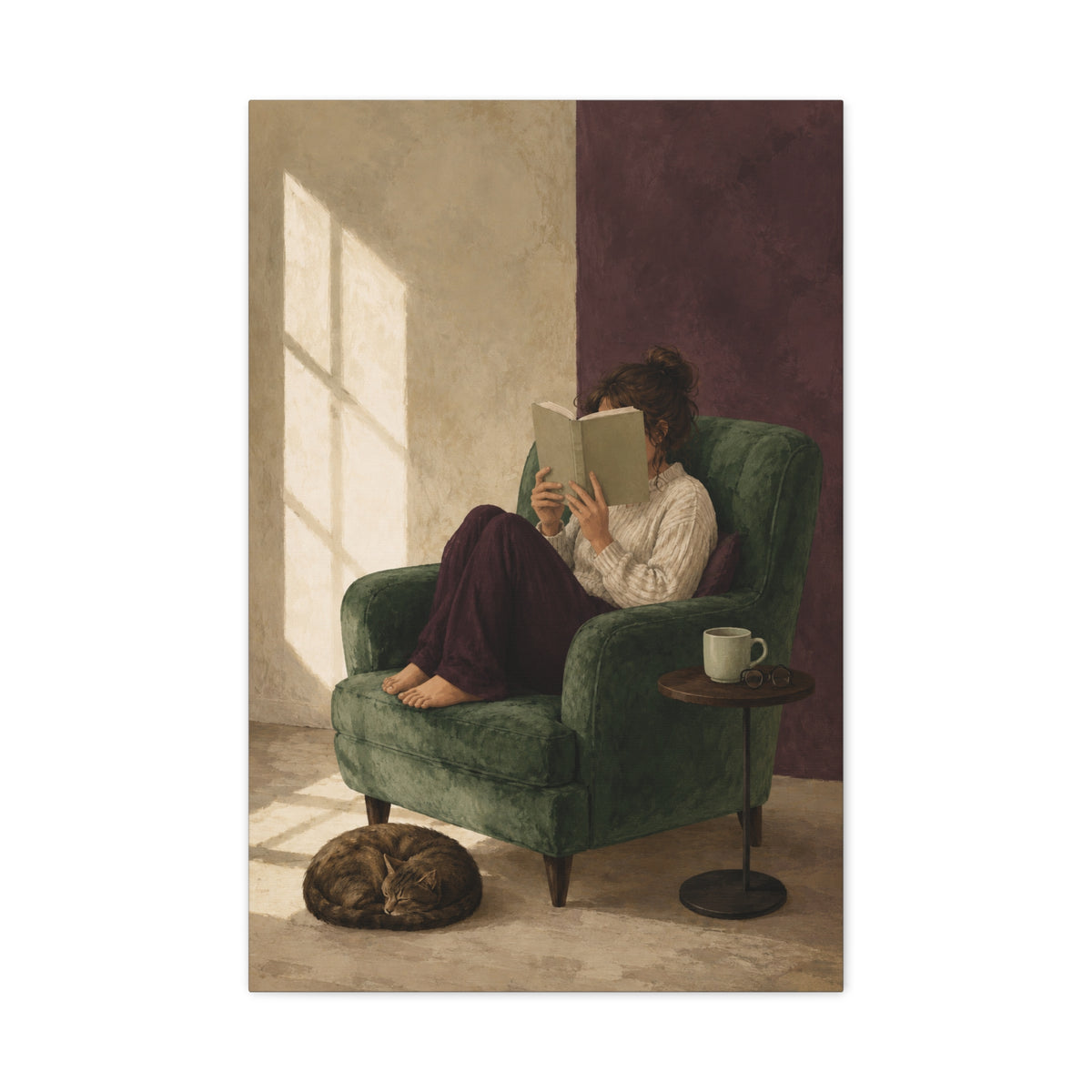 Sunday Chapter canvas print — A reader settles into a green armchair beside a sleeping cat and warm window light.