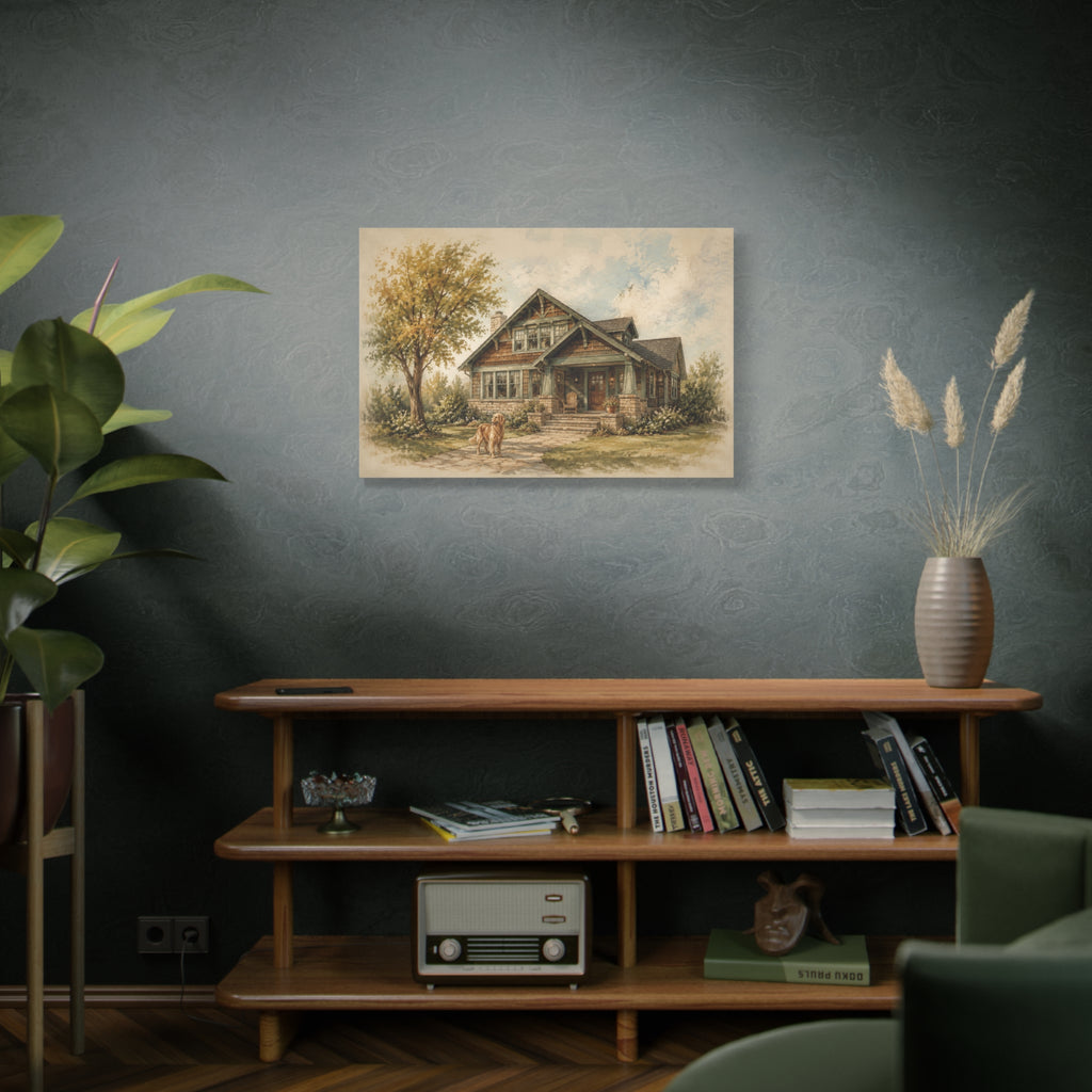 The House That Knows Us canvas print — A familiar house, a quiet garden, and a dog waiting by the path.