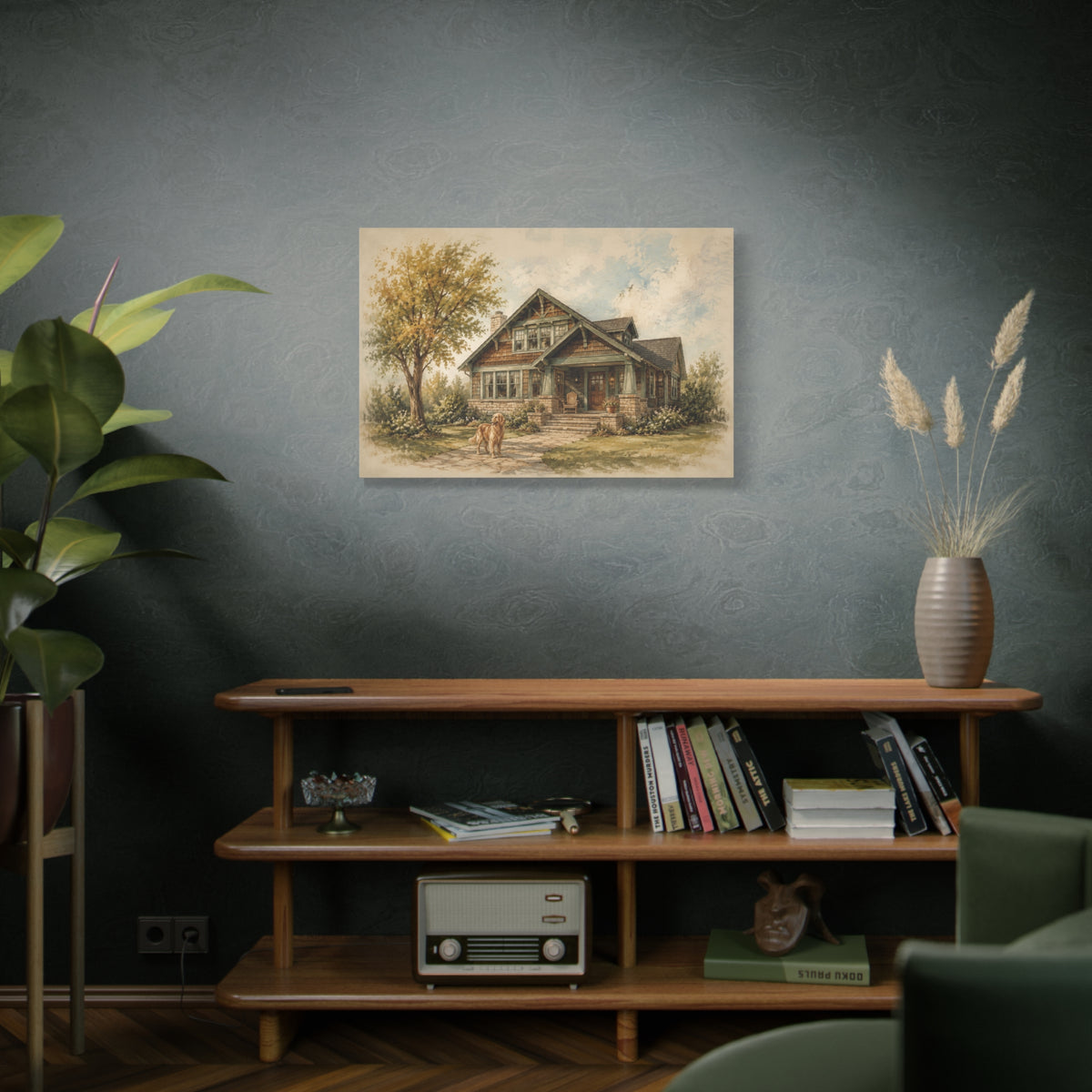 The House That Knows Us canvas print — A familiar house, a quiet garden, and a dog waiting by the path.