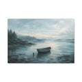 Still Water, First Light canvas print — A small wooden rowboat rests on misty blue water as the first light opens across the horizon.