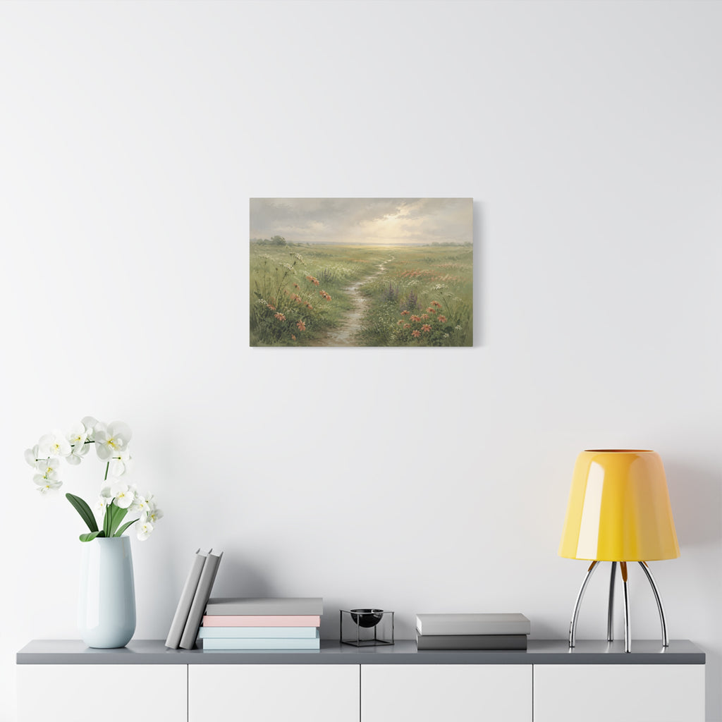After the Rain canvas print — A curved path moves through a fresh meadow after summer rain, with wildflowers and warm light in the distance.