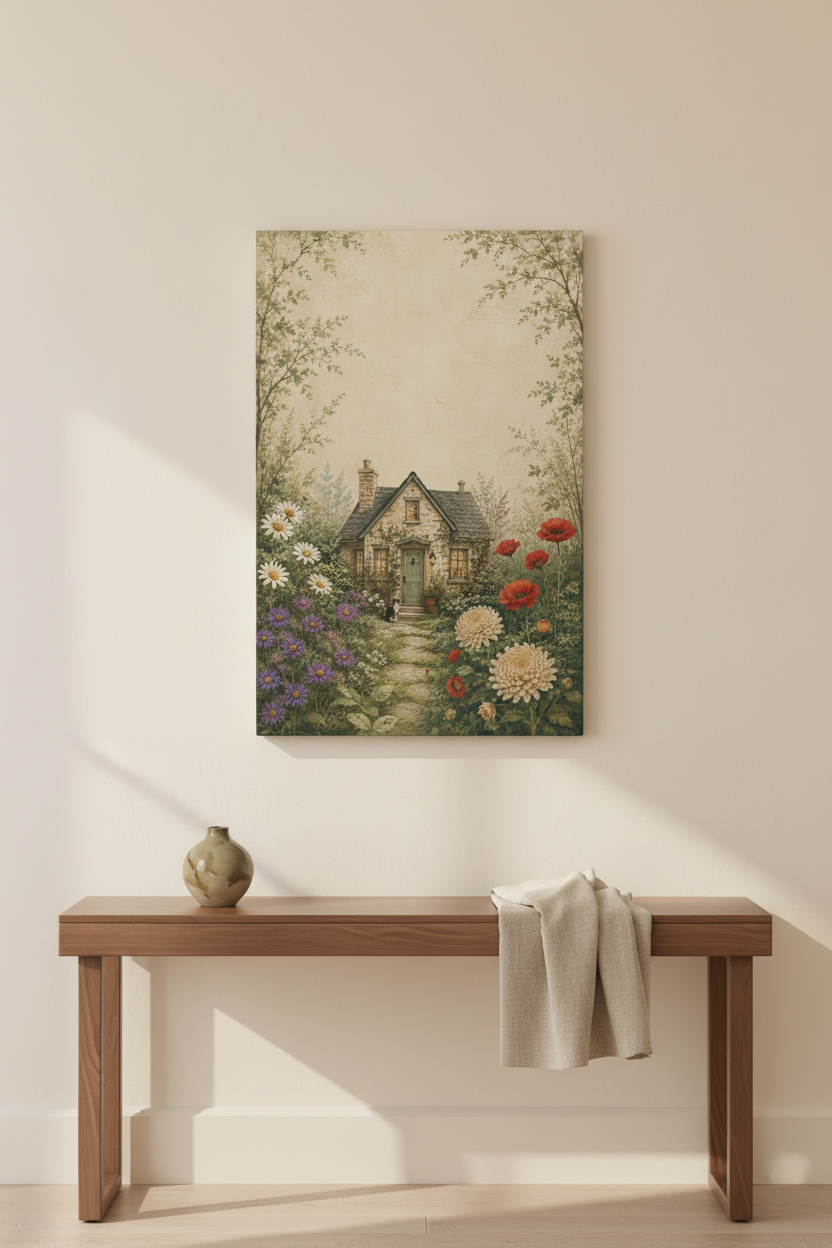 The Garden We Grew unframed vertical botanical cottage canvas above a walnut console in a warm cream entryway — room styling mockup.