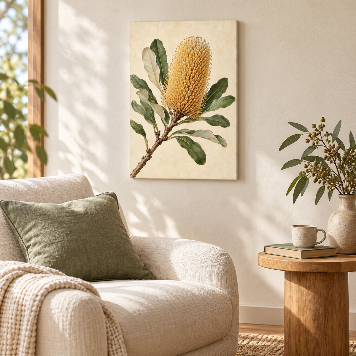 Banksia at Daybreak unframed portrait canvas above an oak side table beside an ivory linen chair. AI-generated room styling mockup; accessories not included.